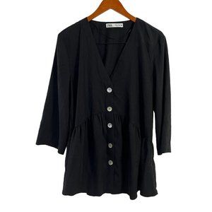 Zara Womens Blouse Medium Relaxed Fit Peplum Tunic Button Up 3/4 Sleeve Babydoll
